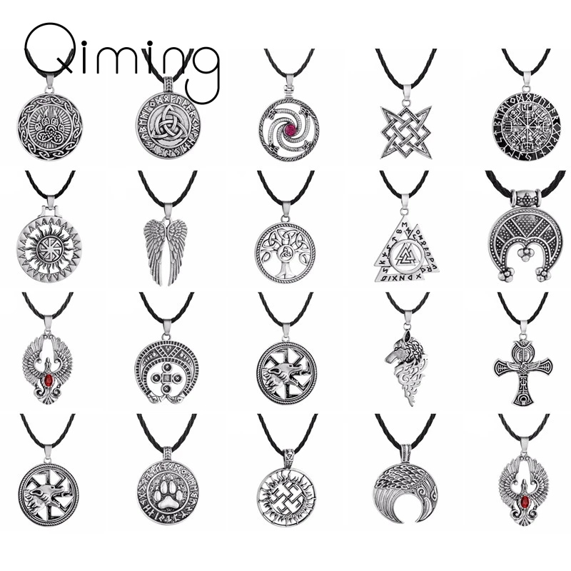 

10pcs/lot Runes Viking Necklace For Men Slavic Kolovrat Talisman Amulet Pendant Wolf Vintage Rock Gothic Women Necklace