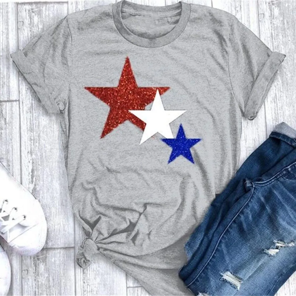 Женская летняя футболка с принтом пятиконечной звезды, повседневные топы с коротким рукавом, Camisetas Verano Mujer, свободная футболка Femme