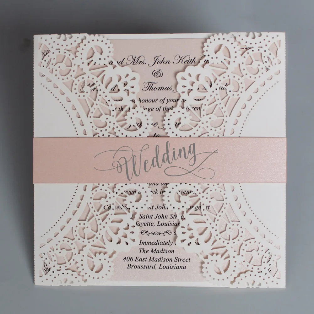  Romantic Wedding Invitation Set Pink Invitation Cards Lace Wedding Invite With Customized wording - - 32904976904
