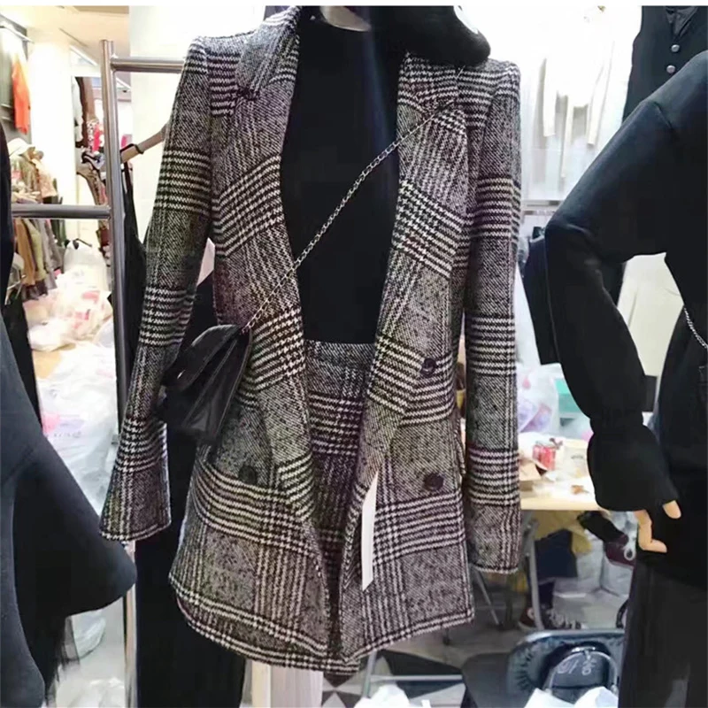 

New Spring Autumn Fashion Women's Sets Double Breasted Long Sleeve Jackets + Plaid Short A-line Skirts Female Suits OL Skirt Set