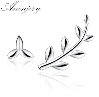 

ANENJERY 925 Sterling Silver Leaves Earrings For Women Asymmetrical Earrings brincos Jewelry S-E186