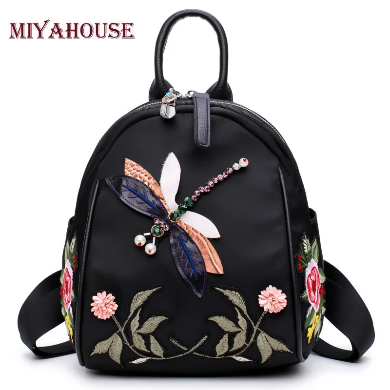 

Miyahouse Chinese Style Handmade Embroidery Dragonfly Women Backpack Designer 3D Diamond Shoulder Bag Retro Female Backpack