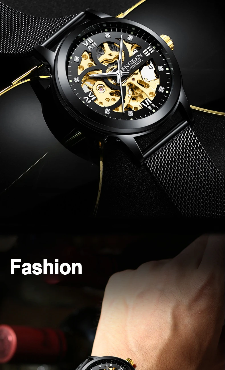 Новые модные механические часы для мужчин, дизайн скелета, Топ бренд, роскошные золотые сетчатые водонепроницаемые мужские автоматические часы, Reloj Hombre