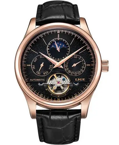 Reloj LIGE Мужские часы механические Tourbillon Роскошные модные брендовые кожаные мужские спортивные часы мужские автоматические часы Relogio Masculino - Цвет: Gold black