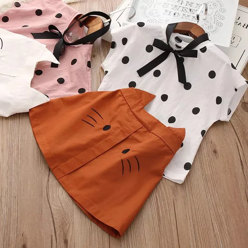

Summer Baby Girls Clothing Set New Bow Tie Dot Tops T-shirt +Cat Skirt Children Suit Cartoon Skirts Fashion Clothes Outfits 2-7Y