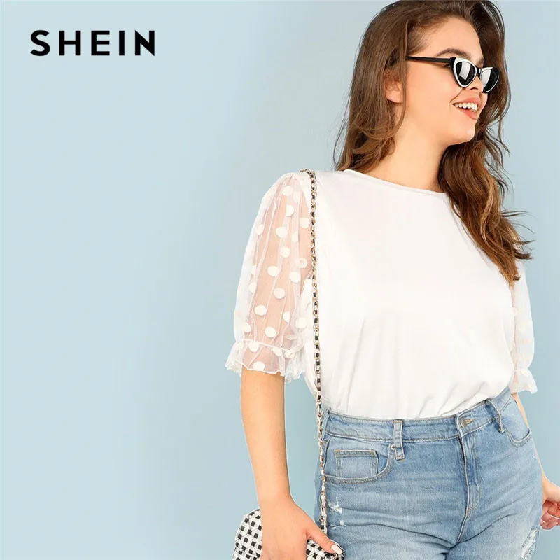 SHEIN Plus Size White Polka Dot Flounce Sheer Mesh Sleeve Women T Shirt ...