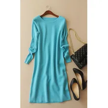 Смесь шерсти и кашемира Женская мода длинное платье пуловер свитер с круглым вырезом сплошной цвет S/M/L/XL оптом в розницу