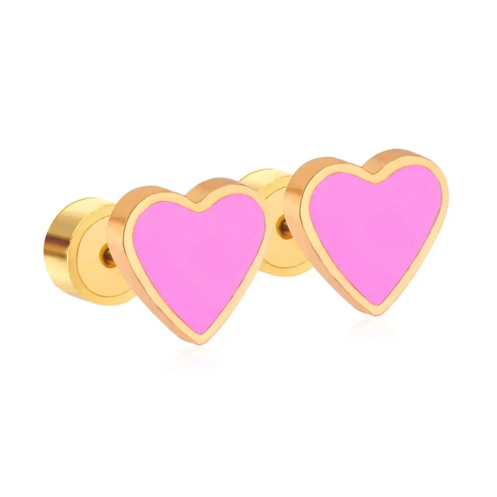 Роскошные стальные прекрасные серьги с милым сердцем для женщин/девочек/малышей, Размер 9 мм, красный/розовый цвет, уникальные серьги-гвоздики, ювелирные изделия из нержавеющей стали - Окраска металла: gold pink
