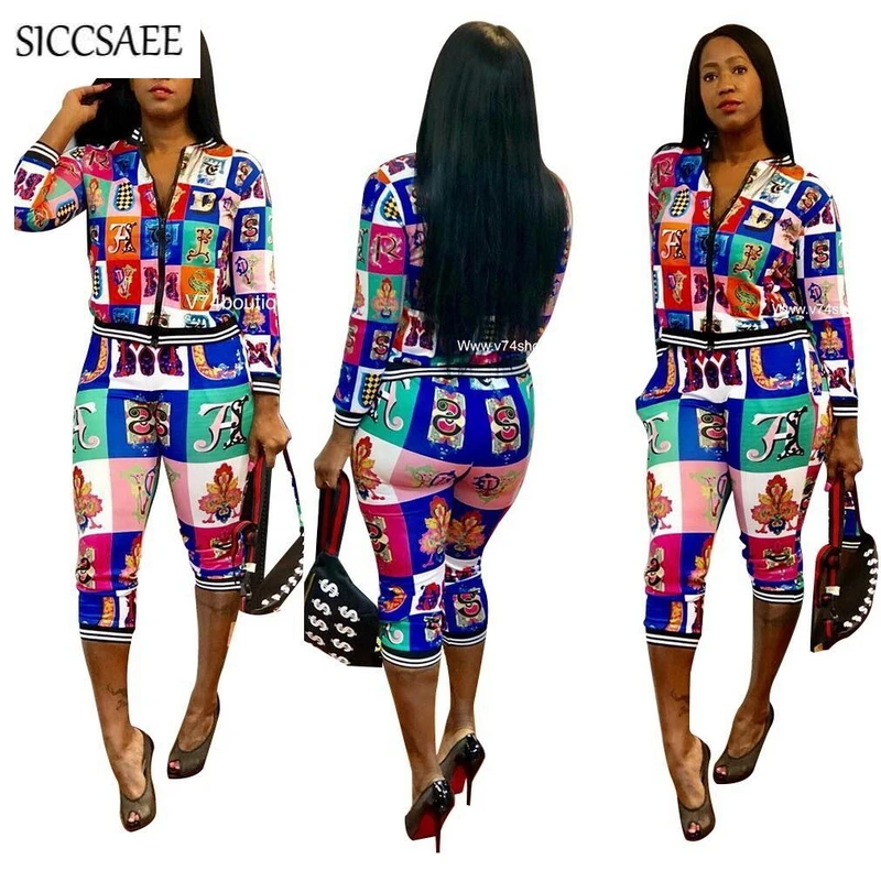 

Geometric Block Patchwork Printed Two Piece Set Women's Sexy Casual Outfits Cardigan Zipper Pants Sweat Suit 2019 Spring Active