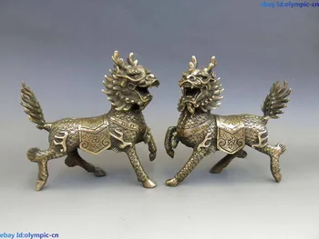 

China brass copper Feng Shui lucky Foo Dogs Lion kylin pair Sculpture Statue