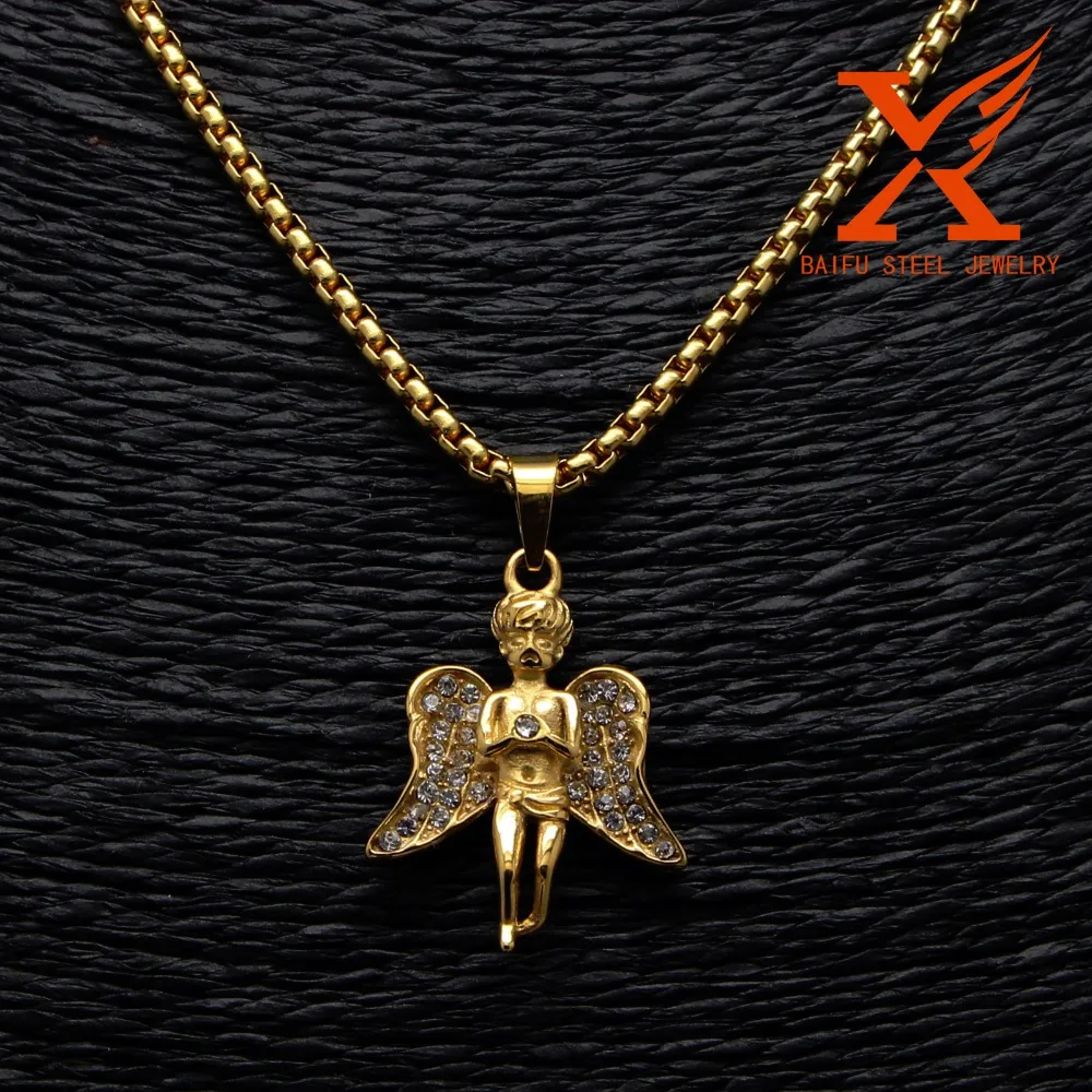 Нержавеющая сталь хип-хоп bling Крылатый Micro Малый Золотой кулон Ангел Цепочки и