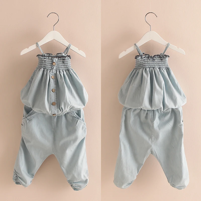 

2018 Summer Denim Girls Clothing Child Tube Top Spaghetti Strap 7 Harem Pants Set