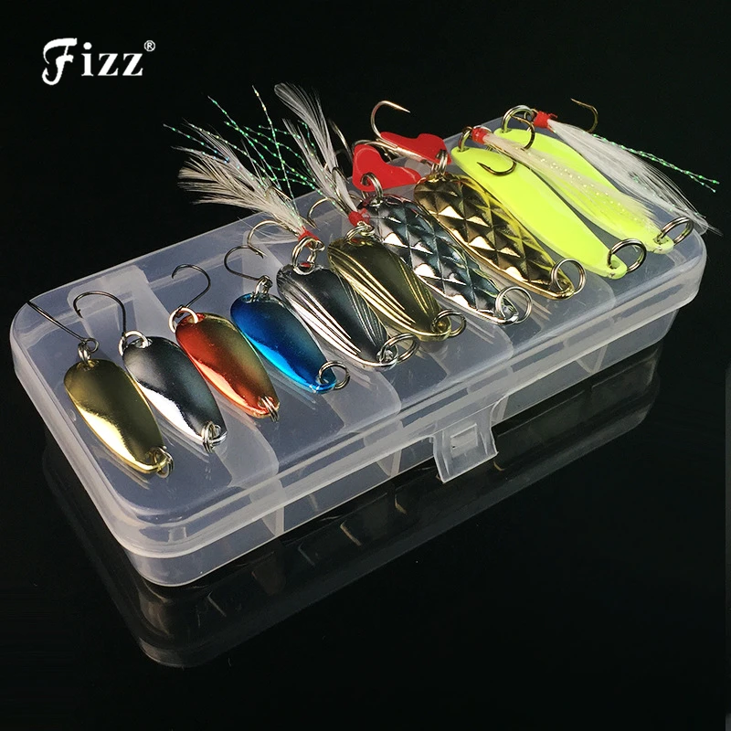 

10Pcs/Box Metal Spoon Fishing Lures Set in Plastic Fishing Tackle Box Spinner Bait Spoon Lure Jig Fishing Accessories On Sale