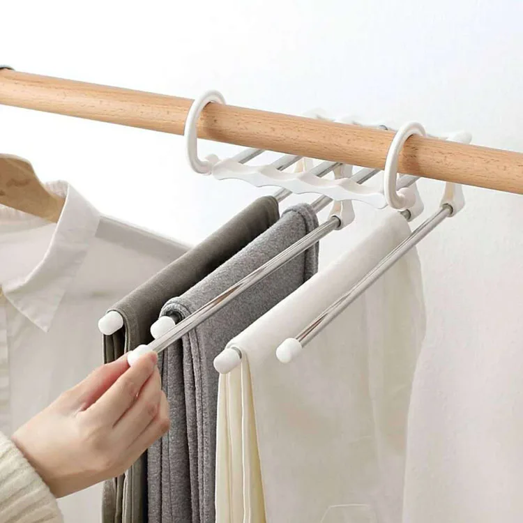 

ABS STAINLESS STEEL FABRIC Multifunction storage rack double hooks 5 way Rack black hanger pants save space