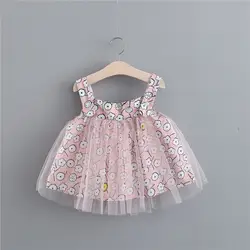 Лето 2019 г. без рукавов с цветочным принтом сетки Straped платья на тонких бретелях обувь для девочек маленьких детей платье принцессы vestidos WT23