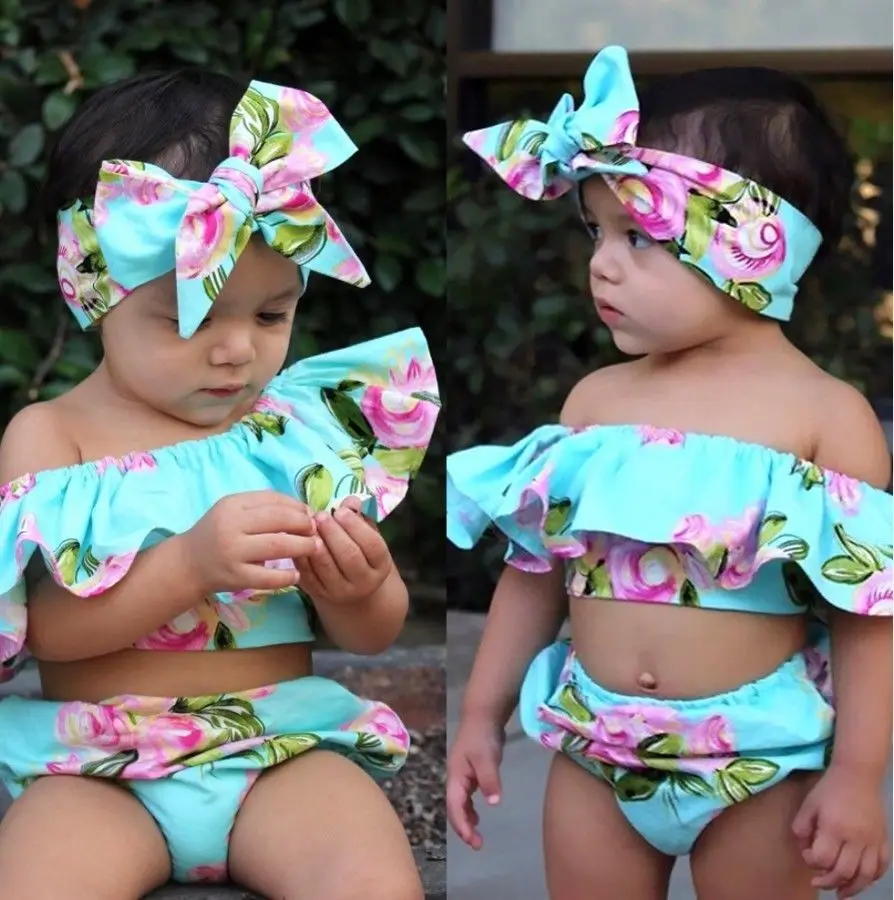 

Summer Baby Girl Outfits Off Shoulder Floral Ruffle Tops + Shorts Sunsuit Clothes Set