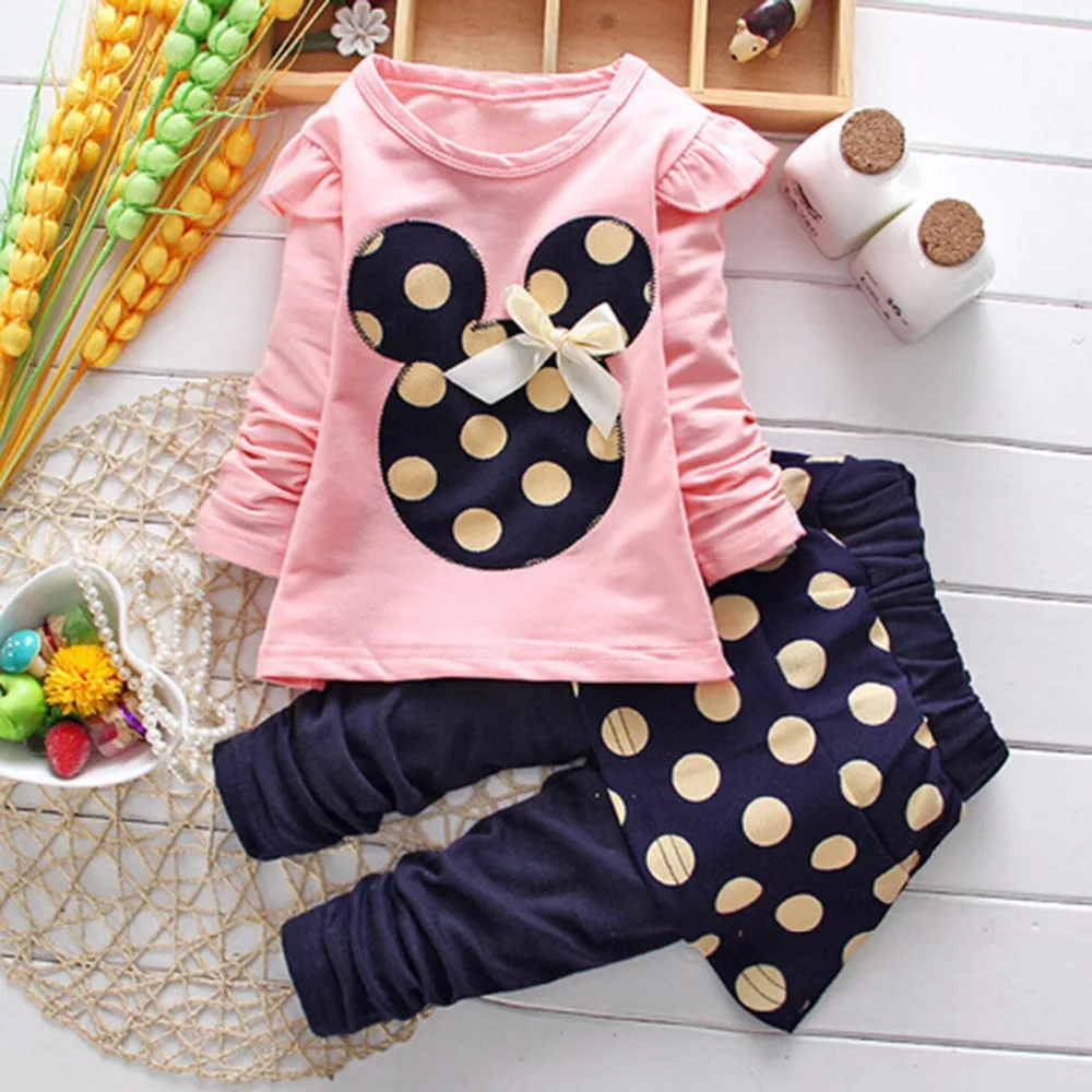 

Puseky 2018 Autum Kids Baby Cartoon Minnie Dot Dress Toddler Girls 2 Pcs Tops +Pantskirt 3 Colors Outfits Clothes 1-5Y