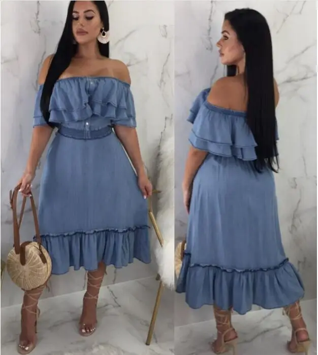 

Off Shoulder Ruffle Demin Dress 2019 New Women Summer Slash Neck Tunic Bodycon Dresses Casual Sexy Beach Vestidos