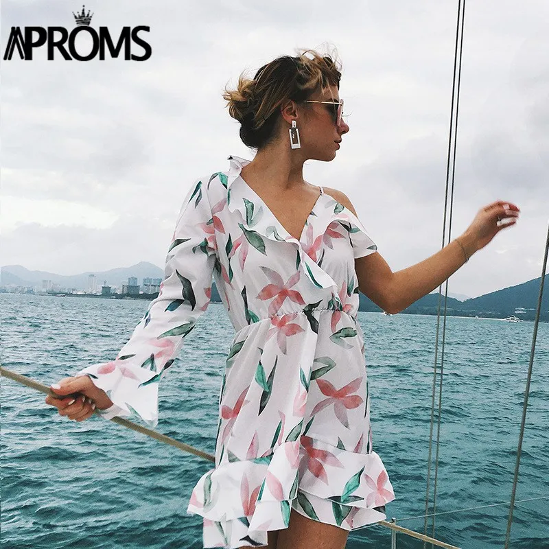

Aproms One-Shoulder Flare Sleeve Summer Short Dress Women Summer 2019 Ruffles Bow Tie Mini Dress Sweet Beach Day Dress Vestidos
