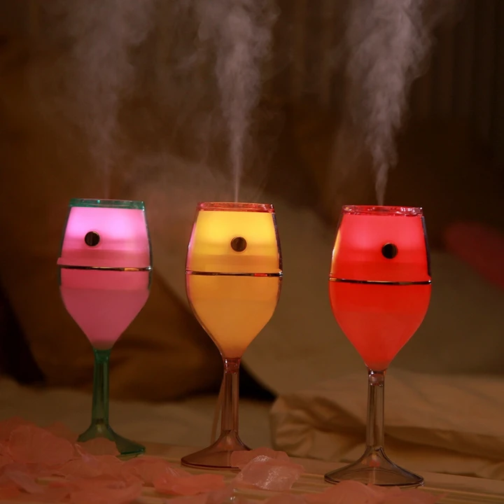 Светодиодный увлажнитель с чашкой красного вина, 7 цветов, светодиодный ночник, Настольный счетчик воды с регулируемым режимом тумана