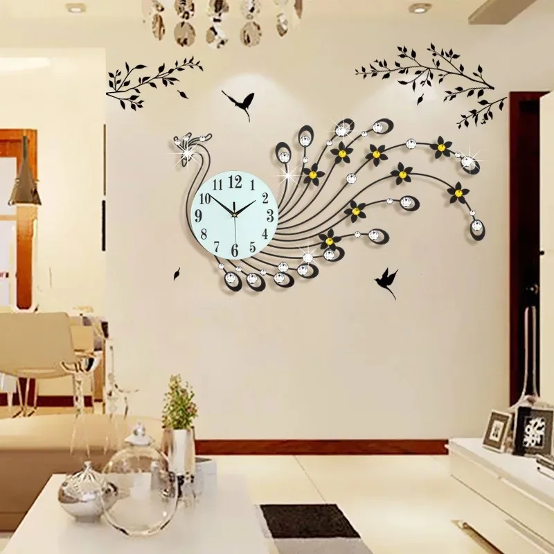 

3D Wall Clock Modern Design Home Decor Wall Watches Living Room 39pcs Diamonds Peacock Decorative Wrought Iron Silent Big Clock