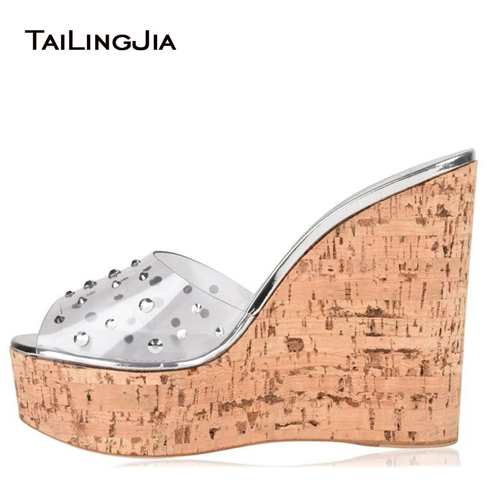 

Peep Toe Cork Wedge Slide Sandals for Women Transparent PVC Platform Mules with Crystal Sky High Dress Heels Ladies Summer Shoes