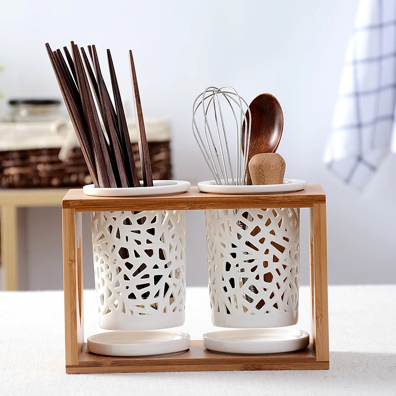 Creative Hollow Ceramic Bamboo Chopsticks Tube Cylinder Mouldproof Home