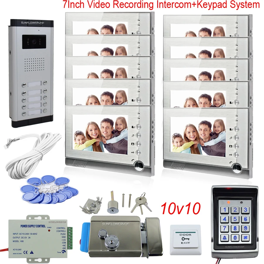 Video Recording Intercom System Access Control Keypad Video Doorphone Doorbell For 10 Unit Intercom With Screen Memory Color 7\