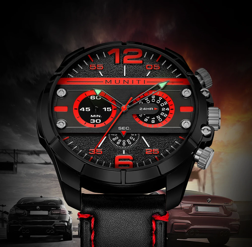Мужские модные кварцевые часы с большим циферблатом, роскошные красные черные двухцветные деловые аналоговые наручные часы, водонепроницаемые мужские часы