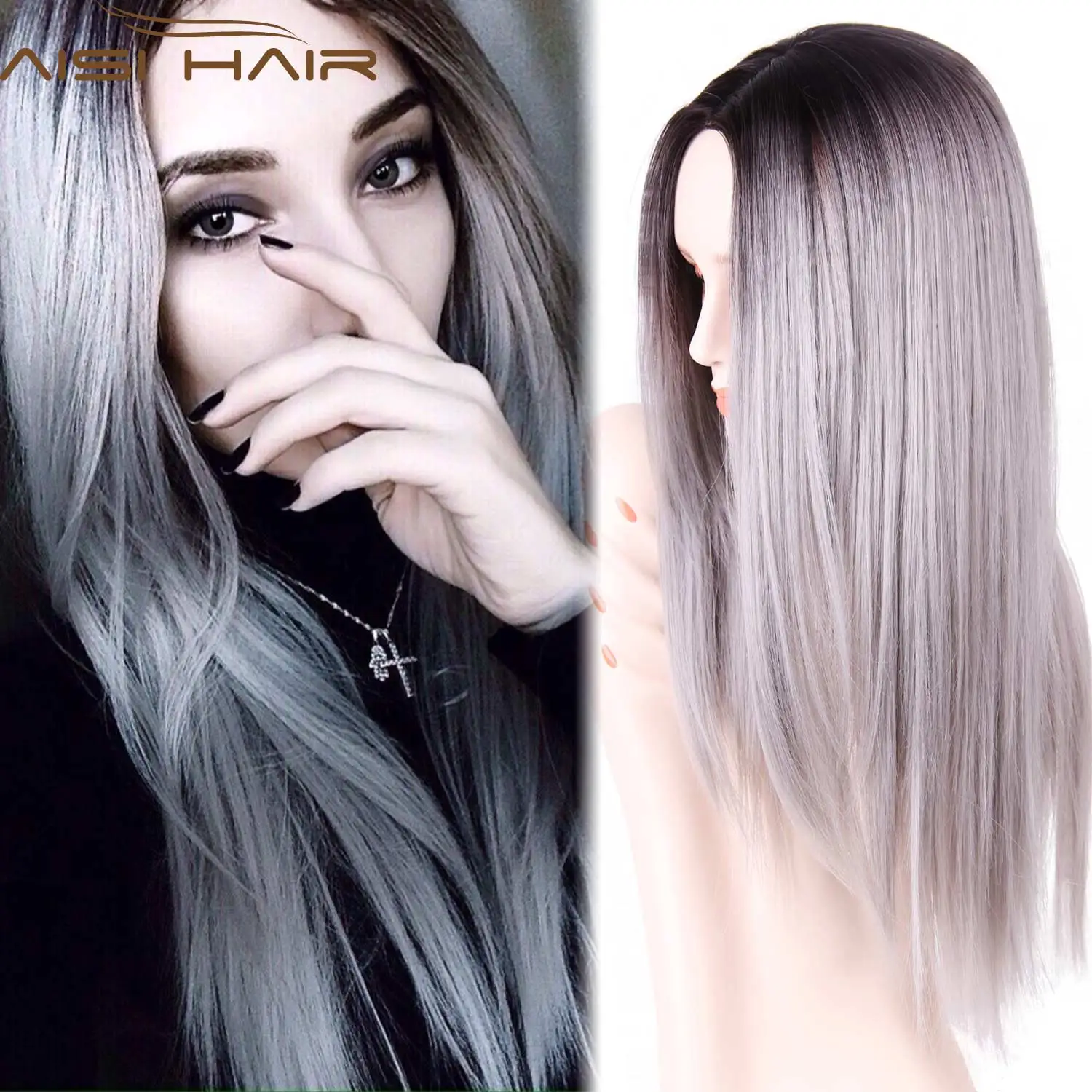 

Synthetic Ombre Wig Women's Wigs from Natural Hair Grey Wig Long Straight Ombre Hair Heat Resistant Synthetic Wigs