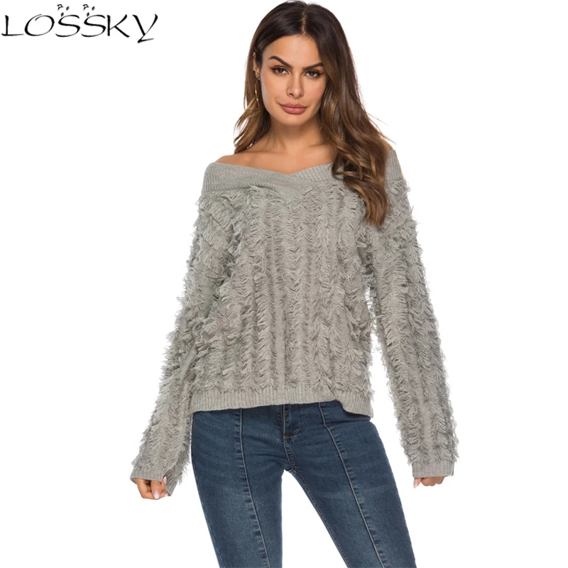 Tassel Pullover Sexy V-neck Knitted Sweater Women Female Autumn Winter New Fashion Long Sleeve Over Sized Sweater Knitwear Tops