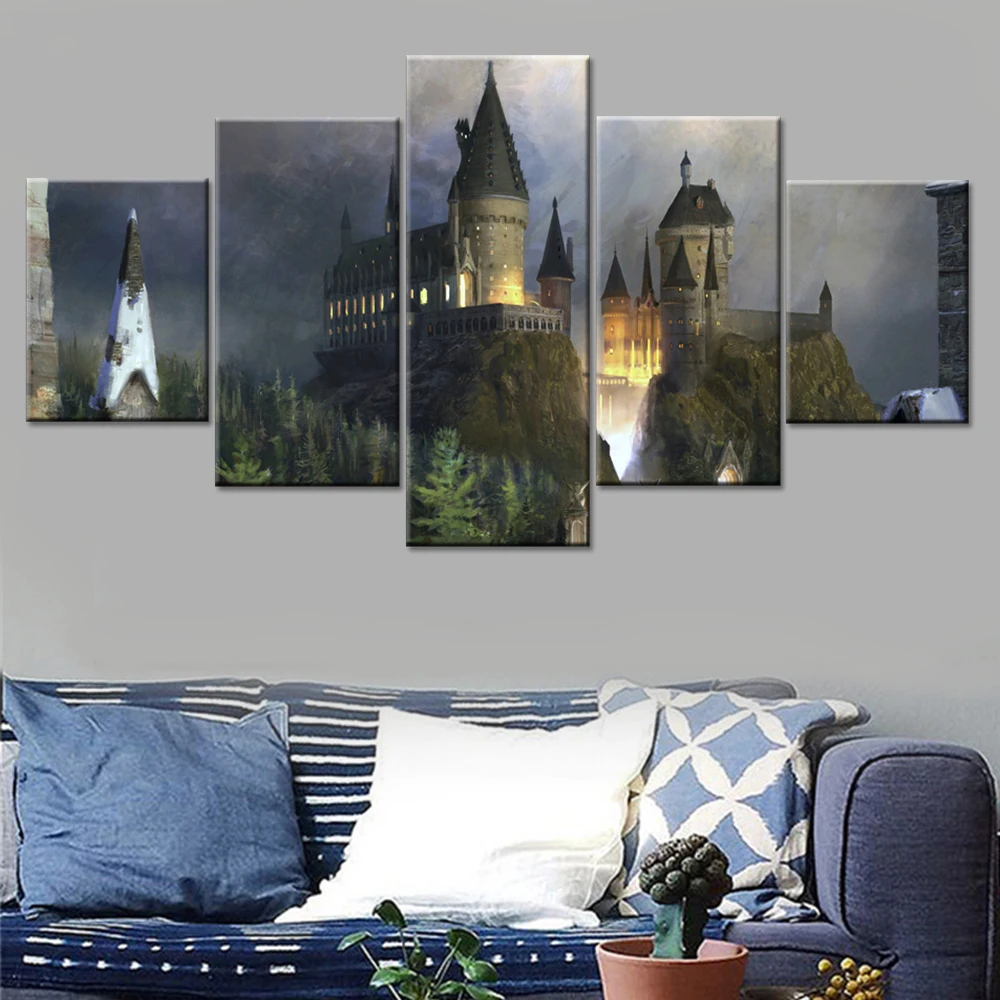 

Canvas HD Prints Posters Home Decor 5 Pieces Hogwarts Castle Paintings Modular Living Room Wall Art Harry Potter Pictures Frame