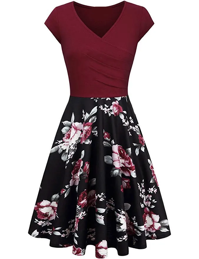 S-3XL Plus Size Summer Women Dresses Female Floral Print 50S 60S Vintage Rockabilly Dress Casual Dot A-Line Retro Dress Vestidos - Цвет: 9957 Black Wine Red