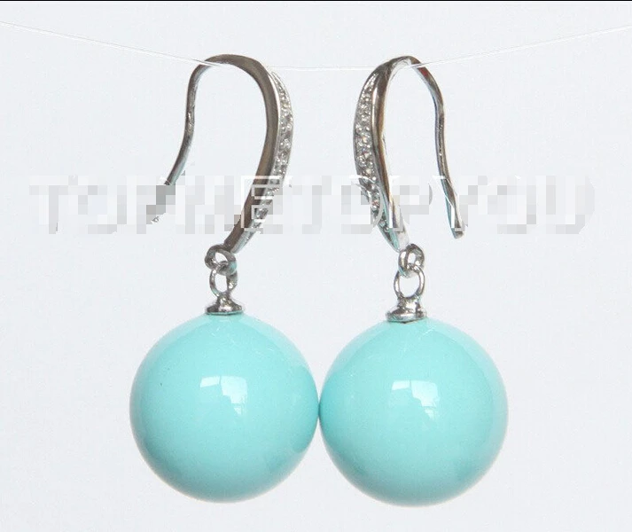 

Free shipping Dangle 14mm round blue south sea shell pearl Earrings 925 silver E3159