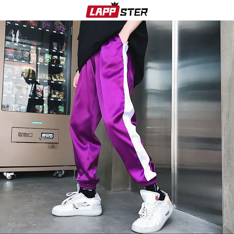 

LAPPSTER Streetwear Satin Joggers Pants Men 2019 Mens Hip Hop Side Striped Sweatpants Male Korean Street Style Track Pants XL