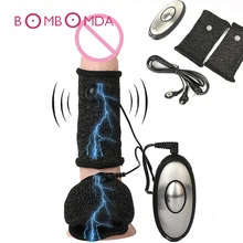 Electric Shock Scrotum Pulse Stimulate Penis Ring Vibrator Reusable Bound Delay Cock Ring Dildo Condom Sex toys For Men
