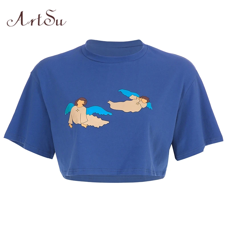 

ArtSu Angel Top Printed Tshirt Short Sleeve Oversized Tshirt Blue Kawaii Tee Shirt Femme Summer Tops Streetwear ASTS21040