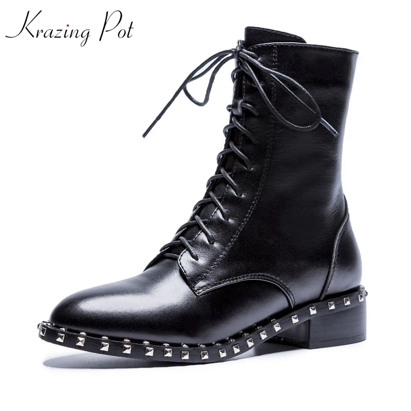 

Krazing Pot 2018 genuine leather med heels metal rivets fasteners Chelsea boots Winter round toe string beading ankle boots L31