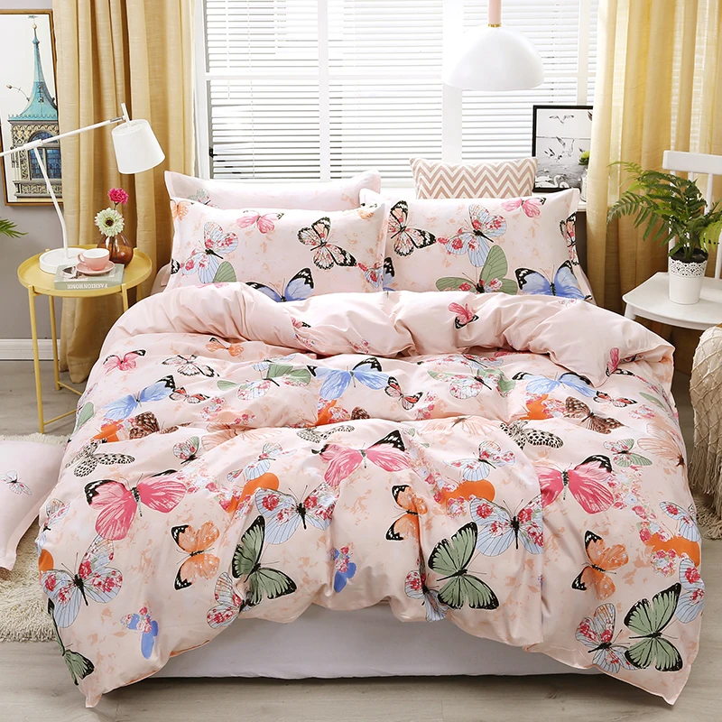 New Pink Bedding Set High Quality Butterfly Printing Bed Linings Duvet