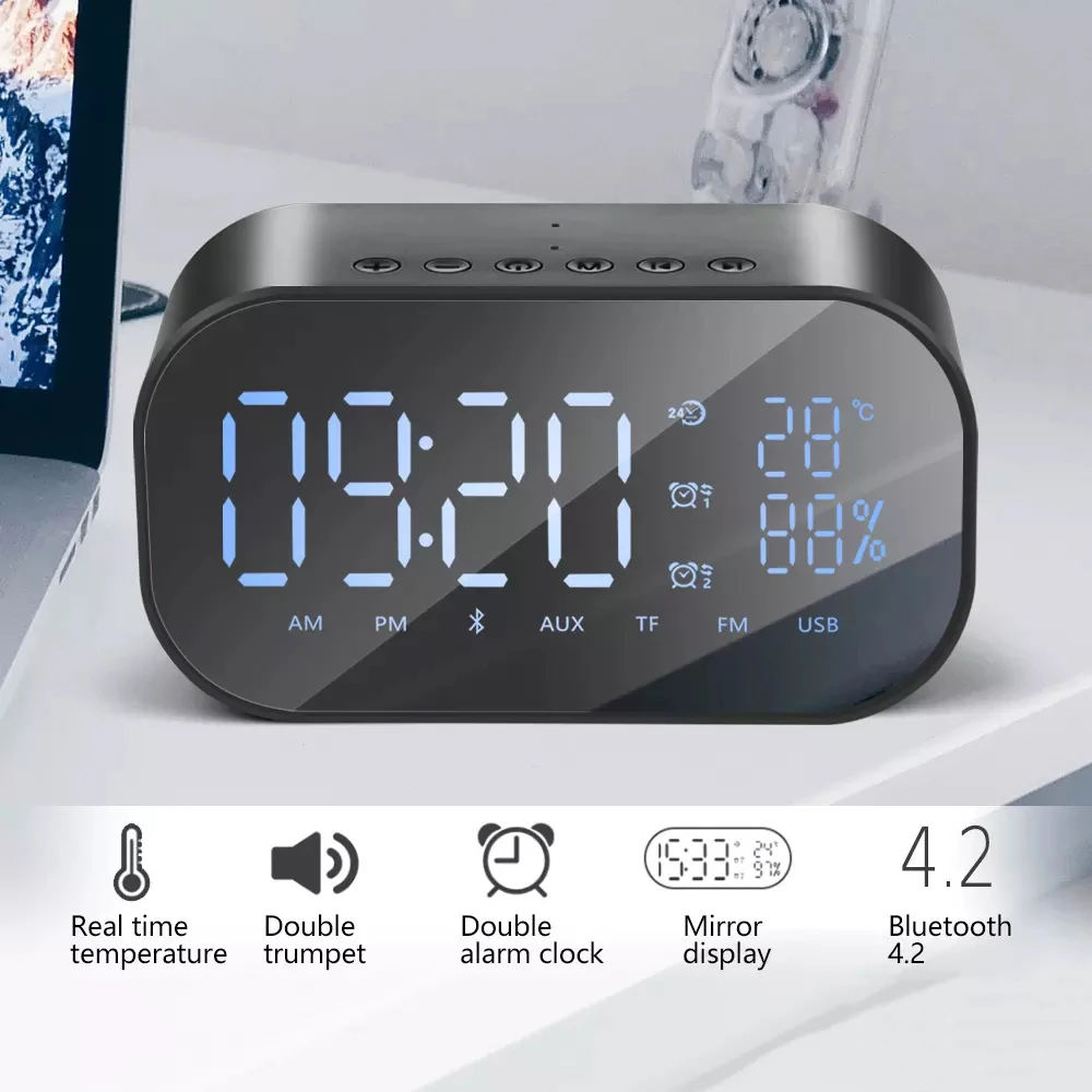 Q9 Bluetooth Speaker LED Alarm Clock With FM Radio AUX TF Portable Wireless Speaker Outdoor Music Player Mirror Surface Altavoz (2)