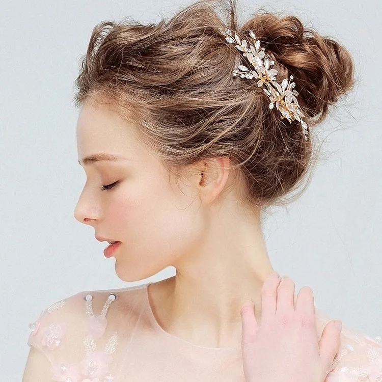 Jewelry Accessories Hair Accessory Hair Clip Hair Headdress Bridal Headwear Handmade Golden Austrian Crystals Rhinestones Flower Leaf Wedding Hair Clip Barrettes Bridal Headpiece Hair accessories