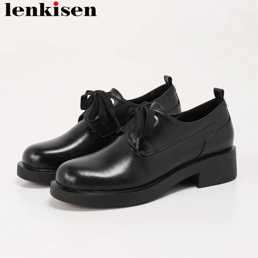 

2019 Black color genuine leather chunky med heels lace up round toe platform British school handmade campus clubwear pumps L13