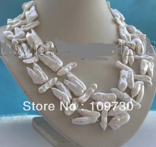 

Jewelry 001507 Double Genuine Natural 33mm White Reborn Keshi Biwa Pearl Necklace