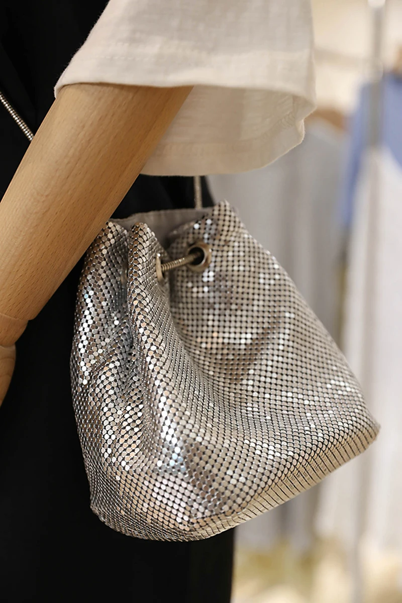 ARPIMALA Chainmail сумка в форме ведра маленькая Серебристая женская мессенджер мини на