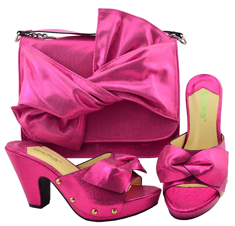 

Newest design African shoes and matching bags Fuchsia with big bowknot Italian ladies shoes and bag set women pumps YM006