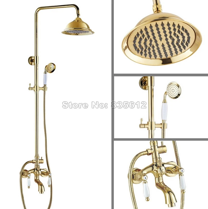 Ceramic Dual Handles Bathroom Rain Shower Faucet Set with Handheld Shower + Wall Mount Gold