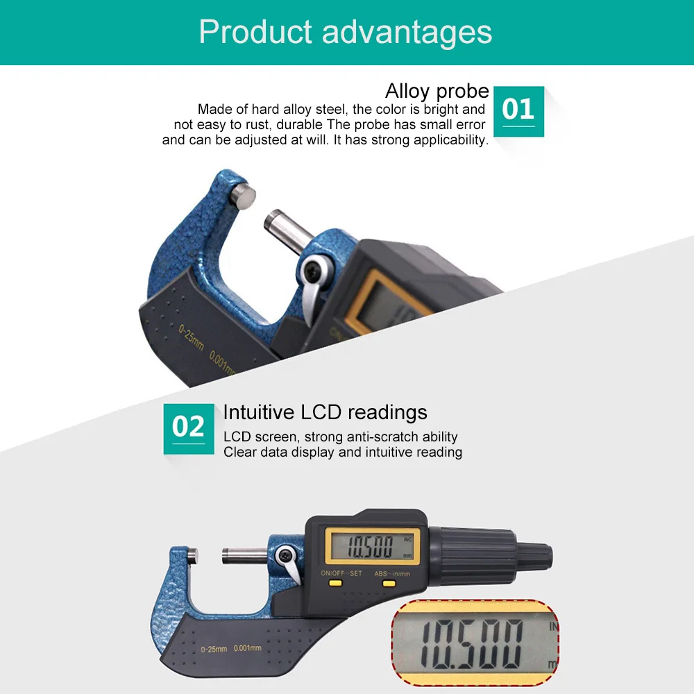 Цифровой манометр измерительный микрометр 0-25 мм 0,001 мм метрический/дюймовый электронный Внешний микрометр Твердосплавные наконечники измерительные инструменты