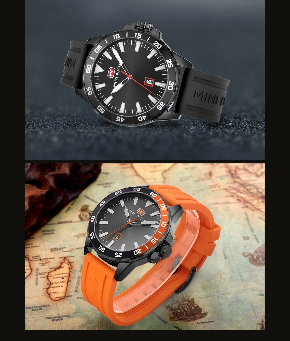 Мини-фокус армейские военные спортивные часы мужские кварцевые часы Оранжевый Резиновый Ремешок океан циферблат Дата дисплей модные креативные часы