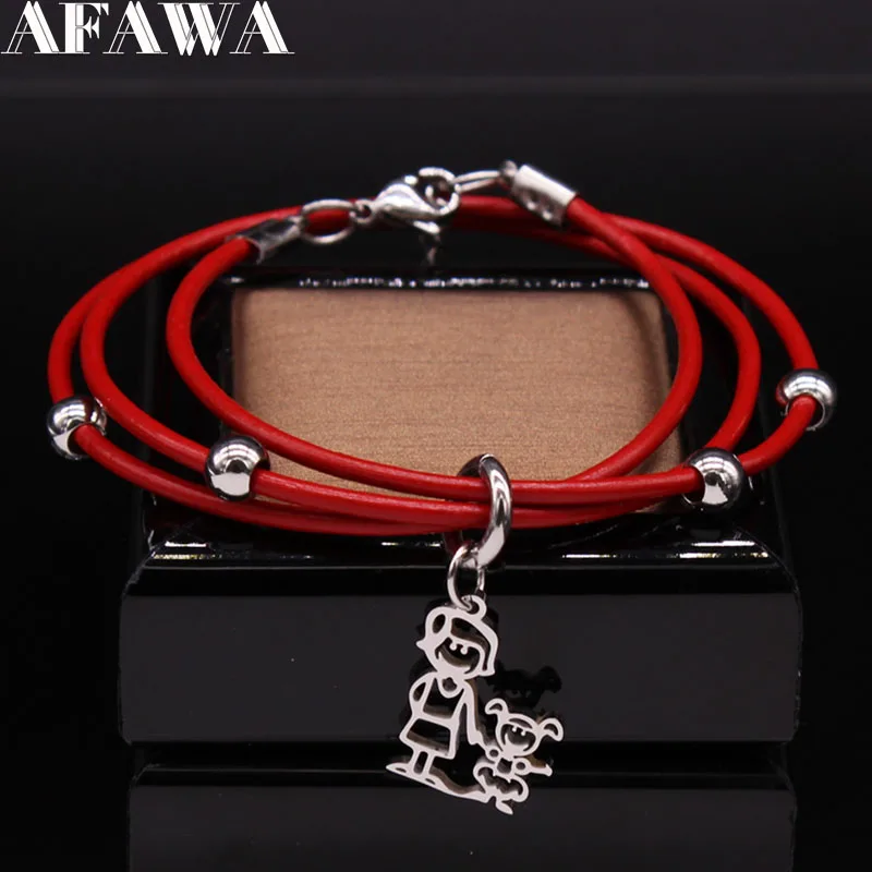 

Family MAMA Girl Leather Stainless Steel Bracelets Women Multilayer Silver Color Red Bracelets Bangles Jewelry pulsera cuero