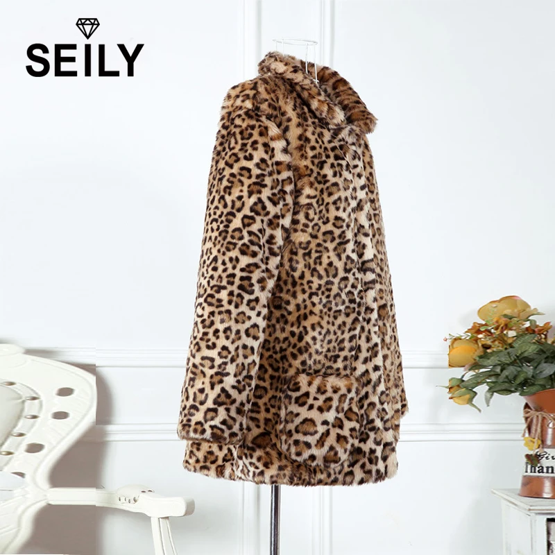 Seily Winter Plus Size Warm Furry Faux Fur Jacket Fake Natural Leopard Rabbit Fur Plush Coat Women Turn Down Collar Outwear 4XL